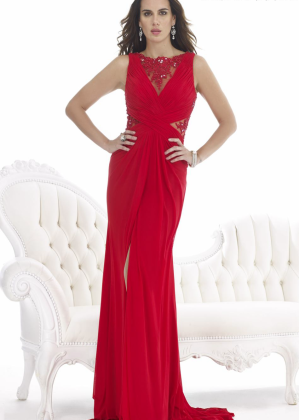 Red Lace Chiffon Beaded Slit Prom Dress
